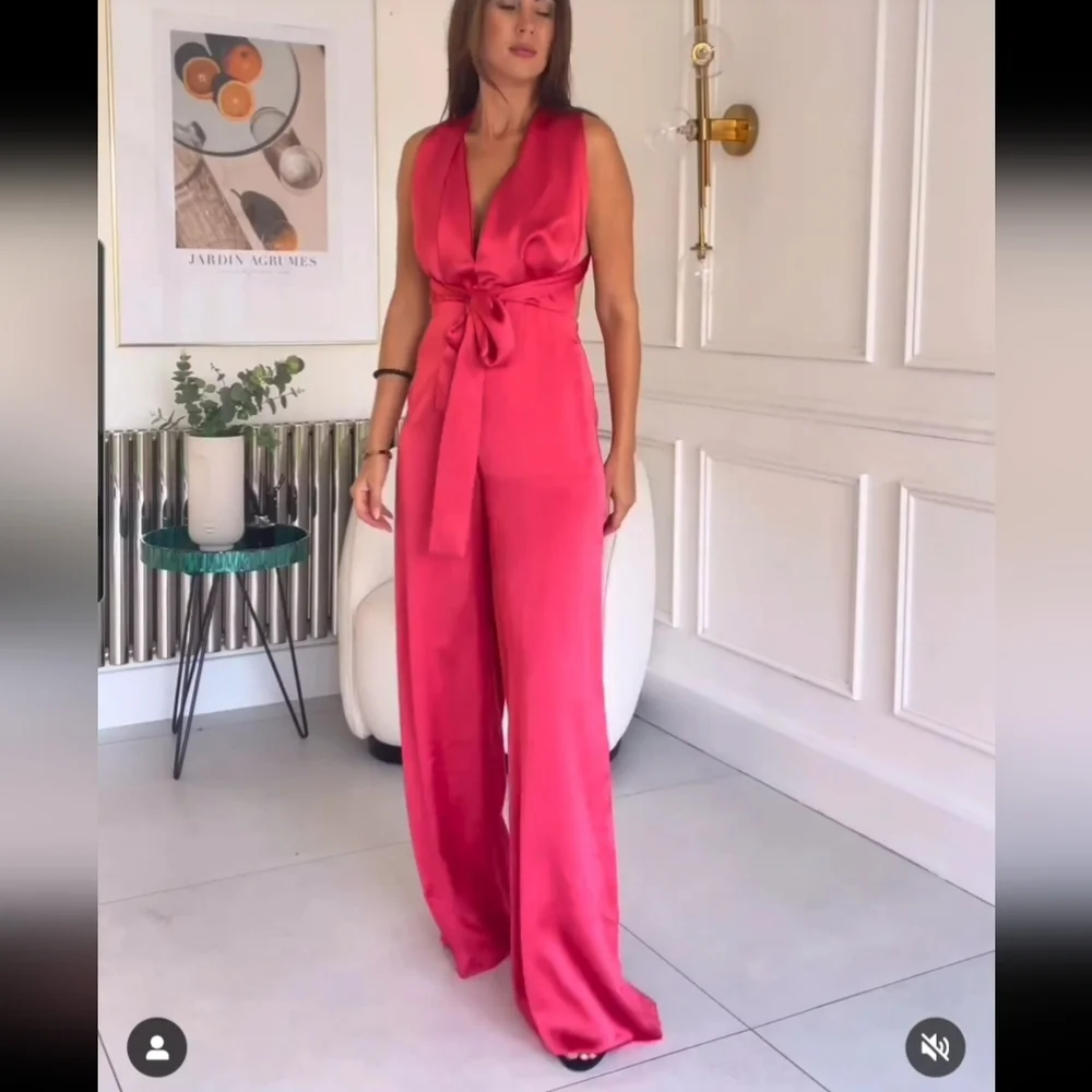 Zara * Satin Effect Jumpsuit Wide Leg Pink Long Size XS